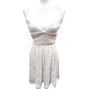 Cream Lace Halter Neck Mini Dress with Criss Cross Back